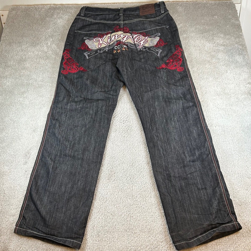 COOGI Jeans Mens 36 Black Baggy Wide Leg Embroidered King of Color Denim Pants